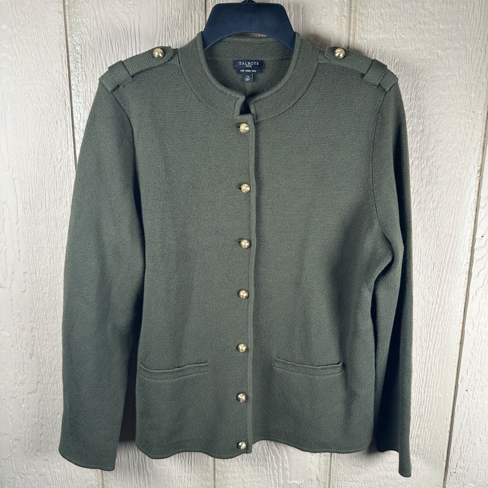 Talbots Cardigan Sweater Womens LP Olive Green Merino Wool Military Gold Button